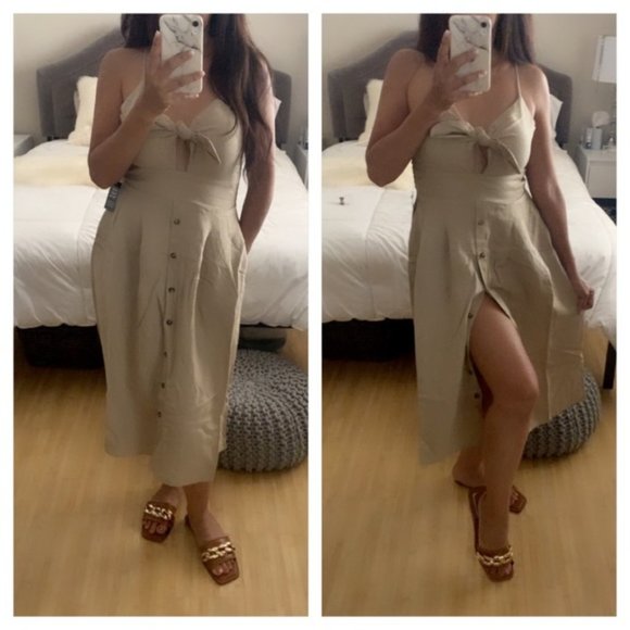 Express | NWT Linen-Blend Button Front Tie Midi Dress - Picture 13 of 16